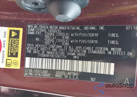 2014 Toyota Highlander Limited V6 z USA, uszkodzony, nr VIN 5TDDKRFHXES067254